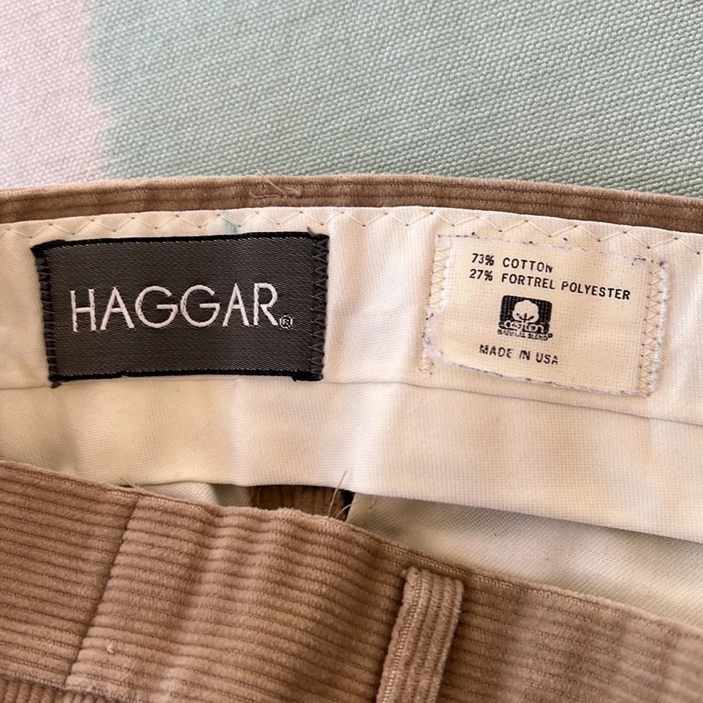 Haggar Men’s Wide Wale Corduroy Pleated Pants Tan Khaki 34x30 USA